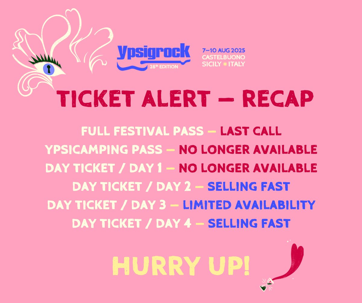 𝗧𝗜𝗖𝗞𝗘𝗧 𝗔𝗟𝗘𝗥𝗧 𝗥𝗘𝗖𝗔𝗣!

TICKETS ➝ DICE: ypsi.link/tickets25
Il futuro è già nostalgia 💖