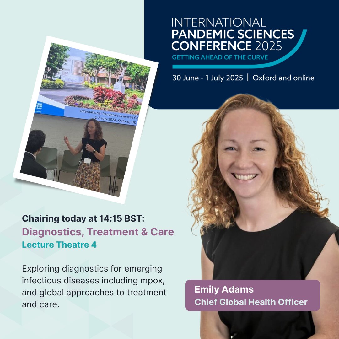 Today at the International Pandemic Sciences Conference 2025:
Dr Emily Adams chairs a key session on diagnostics, treatment and care.

🦠 From mpox to molecular testing
🌍 Global insights from Africa, Asia &amp; Europe
🕒 14:15 BST | Lecture Theatre 4

#Diagnostics #GlobalHealth