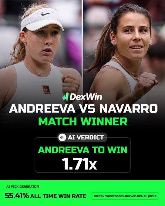 Wimbledon 🏴󠁧󠁢󠁥󠁮󠁧󠁿 Tennis Betting Predictions, Tennis Betting Lines & Wimbledon 2025 Tennis Betting Odds Today 🎾 

Mirra Andreeva vs Emma Navarro - Andreeva to def Navarro @ 1.71 ✅ 

Follow @DexWin_Sports for the best Tennis betting odds, Tennis betting picks and Tennis predictions today 🎾