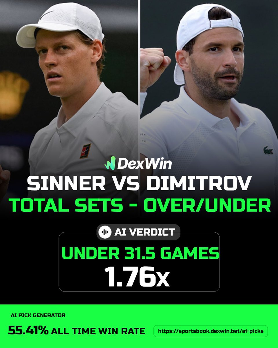DexWin Crypto Betting (@dexwin_sports) on Twitter photo Wimbledon ๐ด๓ ง๓ ข๓ ฅ๓ ฎ๓ ง๓ ฟ Tennis Betting Predictions, Tennis Betting Lines & Wimbledon 2025 Tennis Betting Odds Today ๐พ
Jannik Sinner vs Grigor Dimitrov - Under 31.5 Total Games @ 1.76 โ
Follow <a href="/DexWin_Sports/">DexWin Crypto Betting</a> for the best Tennis betting odds, Tennis betting picks and Tennis predictions Wimbledon ๐ด๓ ง๓ ข๓ ฅ๓ ฎ๓ ง๓ ฟ Tennis Betting Predictions, Tennis Betting Lines & Wimbledon 2025 Tennis Betting Odds Today ๐พ
Jannik Sinner vs Grigor Dimitrov - Under 31.5 Total Games @ 1.76 โ
Follow <a href="/DexWin_Sports/">DexWin Crypto Betting</a> for the best Tennis betting odds, Tennis betting picks and Tennis predictions