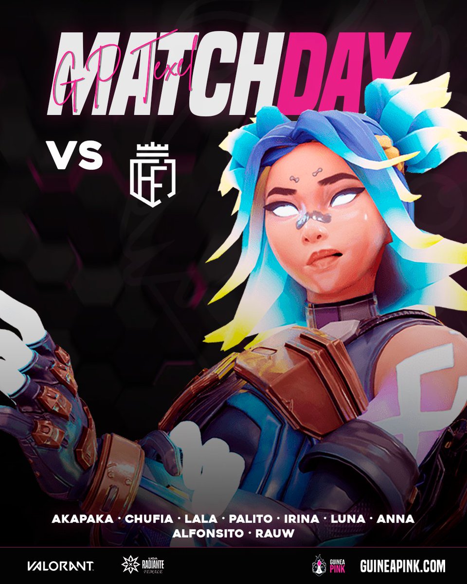 🔥MATCH DAY #LigaRadianteFemale5 de <a href="/TormentaVALes/">Circuito Tormenta | VALORANT</a> (BO2)🔥

#GPTexel se curte con las derrotas, el "comeback arc" comienza YA💪

Creemos en vosotras. Orgullo de team, con todooooooooooo💜

🕖19h /ttv.GuineaPinkClub W/<a href="/GP_Sayx/">Jesús</a> (¿estará acompañado? Habrá que entrar a verlo)👑