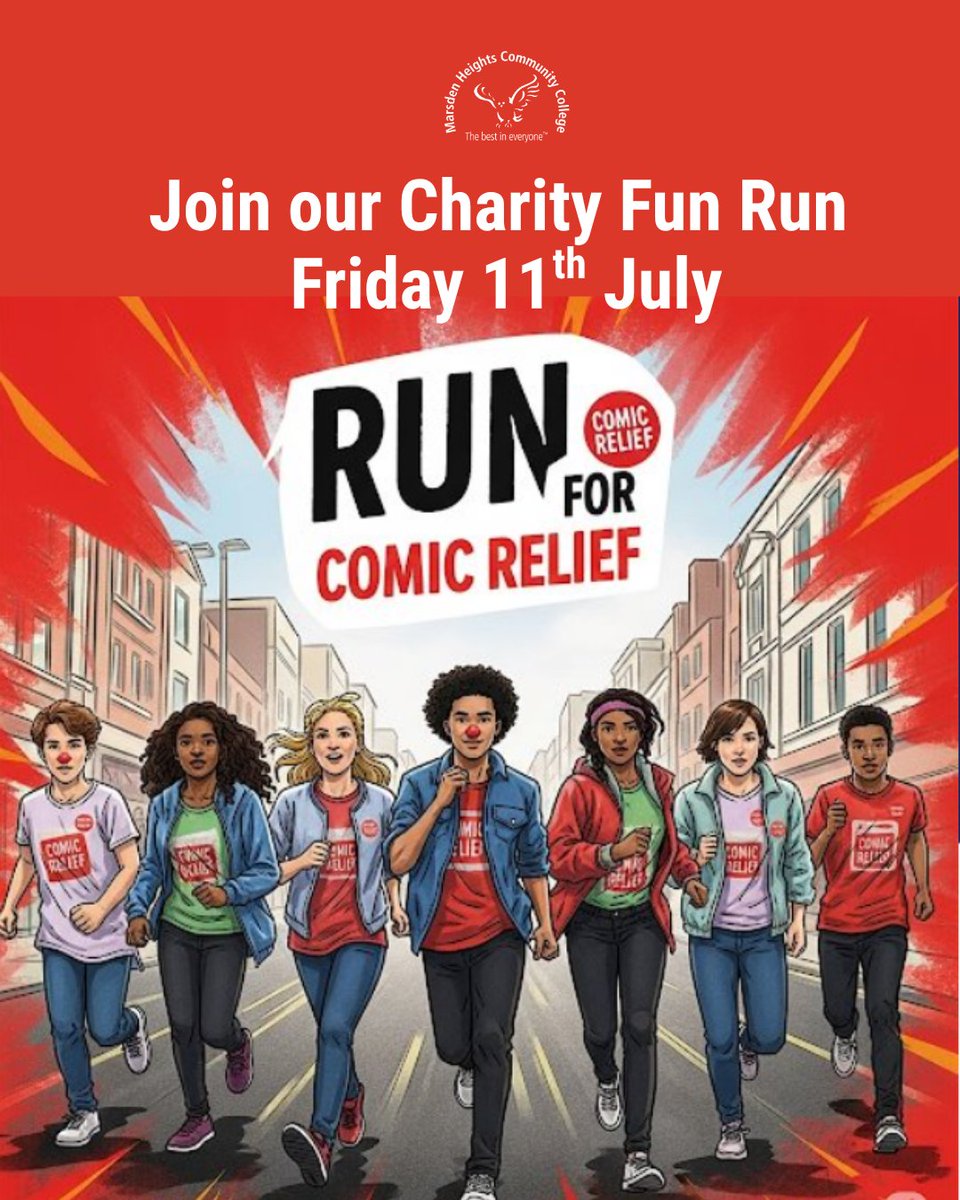 Marsden Heights (@marsdenheights) on Twitter photo On Friday 11th July, we’re hosting a Charity Fun Run to raise money for <a href="/comicrelief/">Comic Relief</a>
📍 Where? 3G pitch
⏰ When? Girls (Period 1) Boys (Period 3)
đź’¸ How to Join? Buy your ticket from the prefects: 50p to run or ÂŁ1 to watch
🎽 Run individually or in a team! On Friday 11th July, we’re hosting a Charity Fun Run to raise money for <a href="/comicrelief/">Comic Relief</a>
📍 Where? 3G pitch
⏰ When? Girls (Period 1) Boys (Period 3)
đź’¸ How to Join? Buy your ticket from the prefects: 50p to run or ÂŁ1 to watch
🎽 Run individually or in a team!