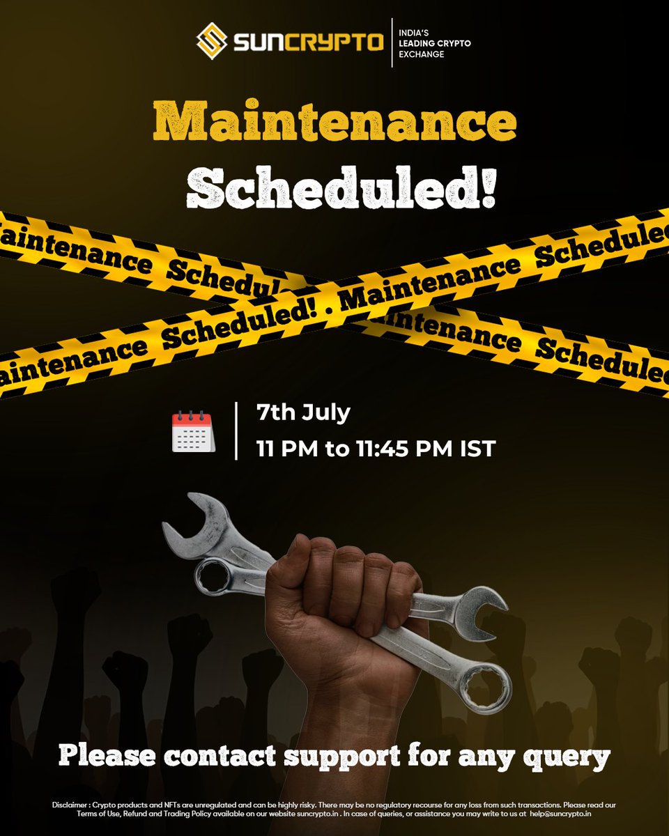suncryptoin's tweet image. 🛠 Crypto never sleeps... but sometimes we upgrade😉  🚨 SunCrypto App is scheduled for maintenance on:  🗒 7 July | 🕚 11:00 – 11:45 PM ISTWe’re making SunCrypto even safer and stronger. In case of any queries regarding the maintenance, contact our expert support team now.
