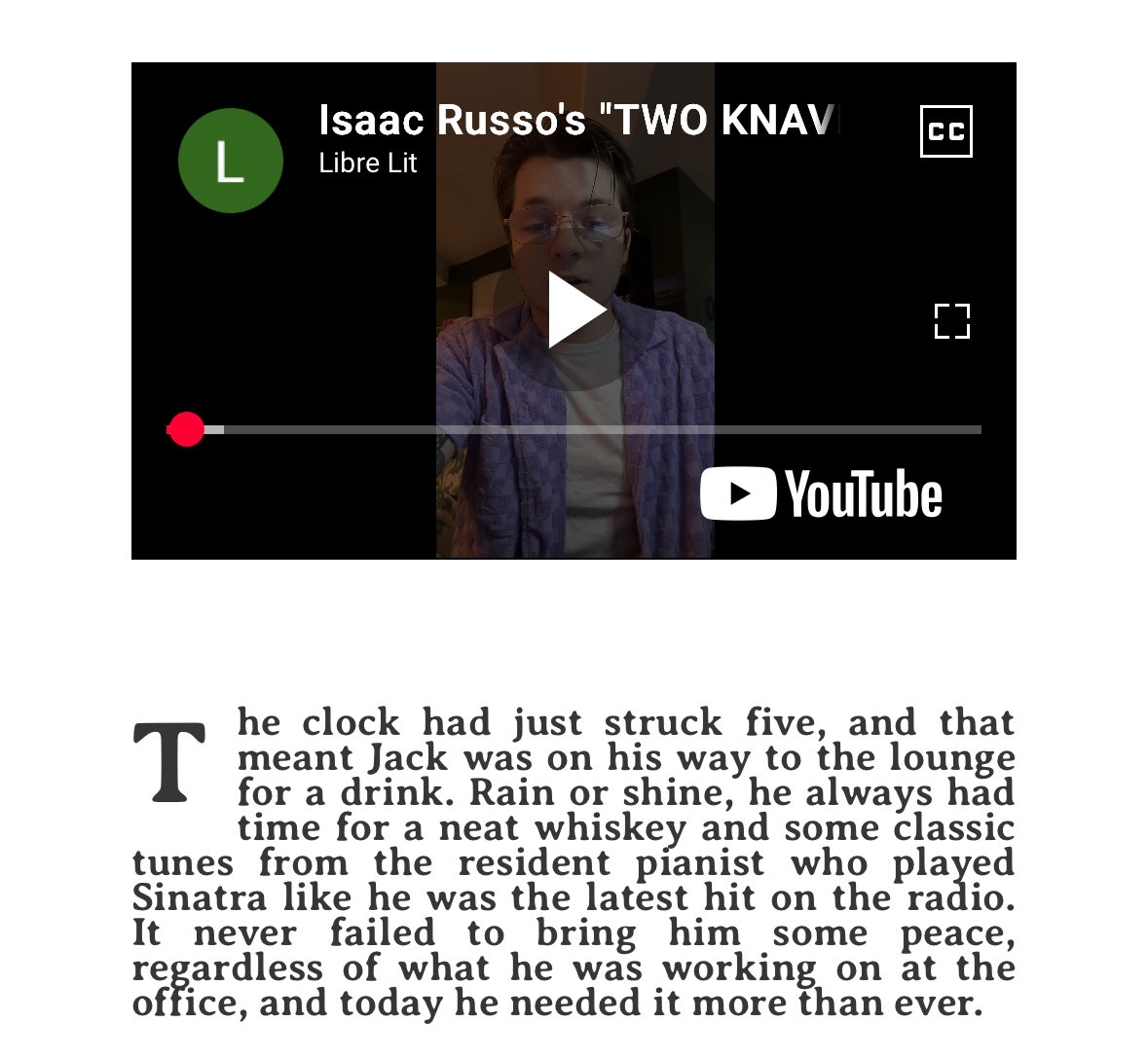 librelitmag's tweet image. Isaac Russo was kind enough to film himself reading Saturday’s TWO KNAVES WALK INTO A BAR. View it on the website and YouTube, here:
librelit.com/2025/07/05/isa…
youtu.be/iIysbofF9yI