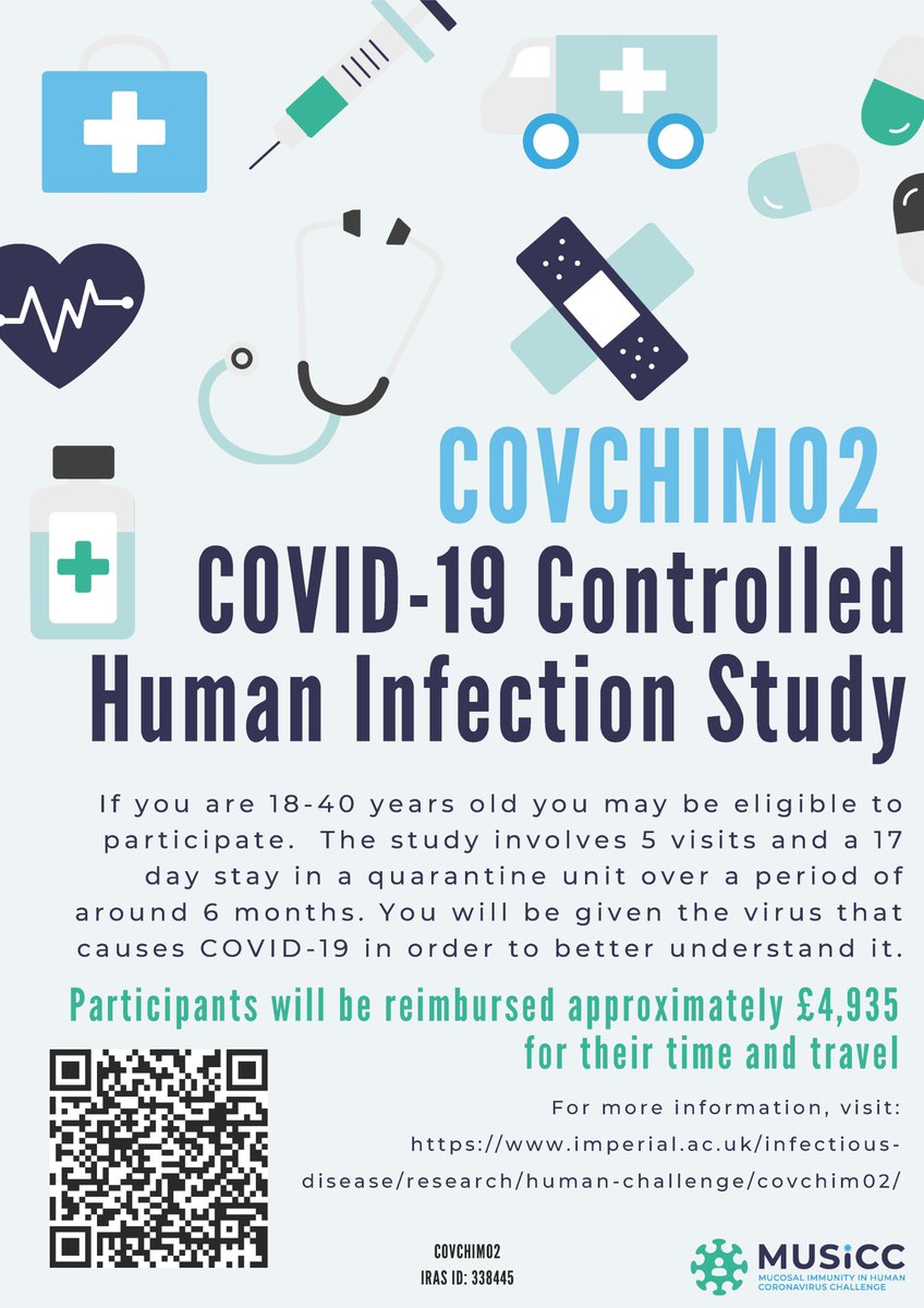 NIHR Imperial BRC Infection & AMR (@brcinfection) on Twitter photo 🤔Are you 18-40 years old and interested in participating in research?
👍If so you may be eligible to participate in our COVID-19 Challenge Study <a href="/ImperialInfect/">Imperial Department of Infectious Disease</a> <a href="/ImperialNHS/">Imperial NHS 💙</a> <a href="/ImperialCRF/">NIHR Imperial Clinical Research Facility</a>
Participants will be reimbursed approximately £4,935.
See more 👇
imperial.ac.uk/infectious-dis… 🤔Are you 18-40 years old and interested in participating in research?
👍If so you may be eligible to participate in our COVID-19 Challenge Study <a href="/ImperialInfect/">Imperial Department of Infectious Disease</a> <a href="/ImperialNHS/">Imperial NHS 💙</a> <a href="/ImperialCRF/">NIHR Imperial Clinical Research Facility</a>
Participants will be reimbursed approximately £4,935.
See more 👇
imperial.ac.uk/infectious-dis…