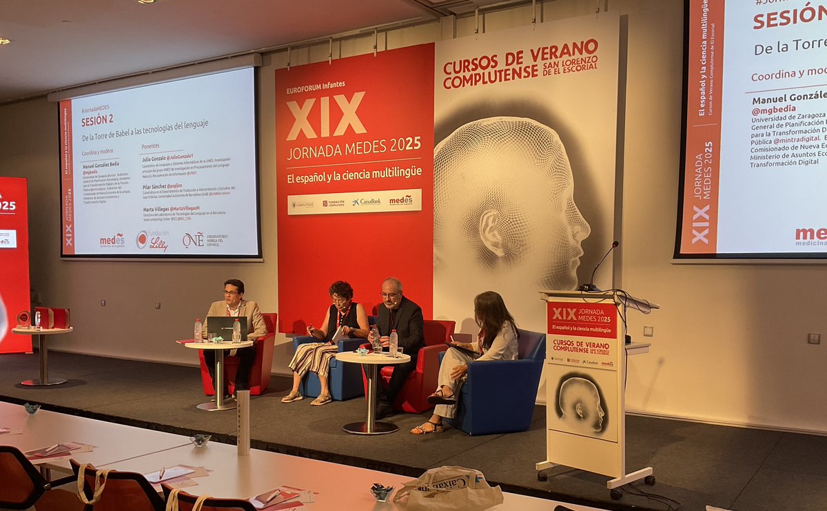 Fernando A. Navarro (@navarrotradmed) on Twitter photo <a href="/FundacionLilly/">Fundación Lilly</a> <a href="/ILIA_CSIC/">Elea Giménez Toledo</a> <a href="/ProyectoTeresia/">Proyecto TeresIA</a> <a href="/ONE_Nebrija/">Observatorio Nebrija del Español</a> <a href="/CursosVeranoUCM/">Cursos de Verano UCM</a> Segunda mesa redonda #JornadaMEDES: «De la Torre de Babel a las tecnologías🤖 del lenguaje»
Modera: Manuel González Bedia (<a href="/mgbedia/">Manuel G Bedia</a>)
Intervienen: Marta Villegas (<a href="/MartaVillegasM/">Marta Villegas</a>), Julio Gonzalo (<a href="/JulioGonzalo1/">Julio Gonzalo</a>) y Pilar Sánchez Gijón (<a href="/psgijon/">Pilar Sanchez Gijon</a>) <a href="/FundacionLilly/">Fundación Lilly</a> <a href="/ILIA_CSIC/">Elea Giménez Toledo</a> <a href="/ProyectoTeresia/">Proyecto TeresIA</a> <a href="/ONE_Nebrija/">Observatorio Nebrija del Español</a> <a href="/CursosVeranoUCM/">Cursos de Verano UCM</a> Segunda mesa redonda #JornadaMEDES: «De la Torre de Babel a las tecnologías🤖 del lenguaje»
Modera: Manuel González Bedia (<a href="/mgbedia/">Manuel G Bedia</a>)
Intervienen: Marta Villegas (<a href="/MartaVillegasM/">Marta Villegas</a>), Julio Gonzalo (<a href="/JulioGonzalo1/">Julio Gonzalo</a>) y Pilar Sánchez Gijón (<a href="/psgijon/">Pilar Sanchez Gijon</a>)