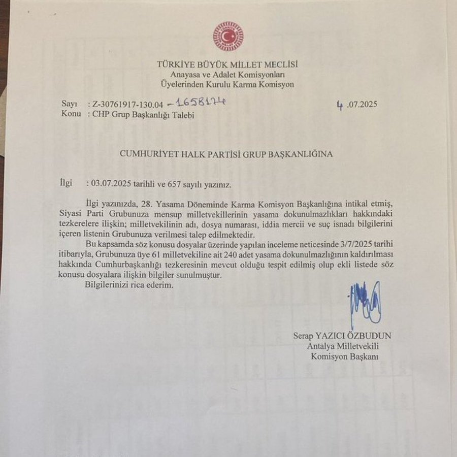 CHP’li 135 milletvekilinin 61’i hakkında ‘dokunulmazlıklarının kaldırılmasına’ ilişkin Cumhurbaşkanlığı tezkeresinin TBMM’de olduğu öğrenildi.