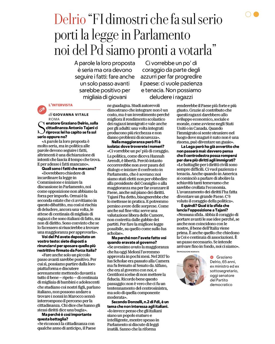 La proposta di #ForzaItalia sulla #cittadinanza sarebbe un primo passo. Come <a href="/pdnetwork/">Partito Democratico 🇮🇹 🇪🇺</a> siamo pronti a discuterne e a procedere. Ora però servono meno parole e più fatti.
Ne ho parlato oggi a <a href="/LaRepubblica_it/">La Repubblica It</a>