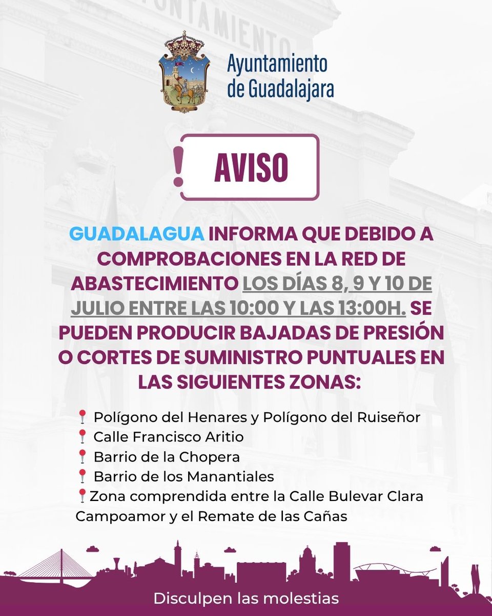 GuadalajaraAyto's tweet photo. 💧⚠️ @guadalagua informa que debido a #comprobaciones en la #red de abastecimiento los días 8, 9 y 10 de julio entre las 10:00 y las 13:00h. se pueden producir #bajadas de presión o #cortes de suministro #puntuales en las siguientes zonas: https://t.co/eRFeOQOGq6
