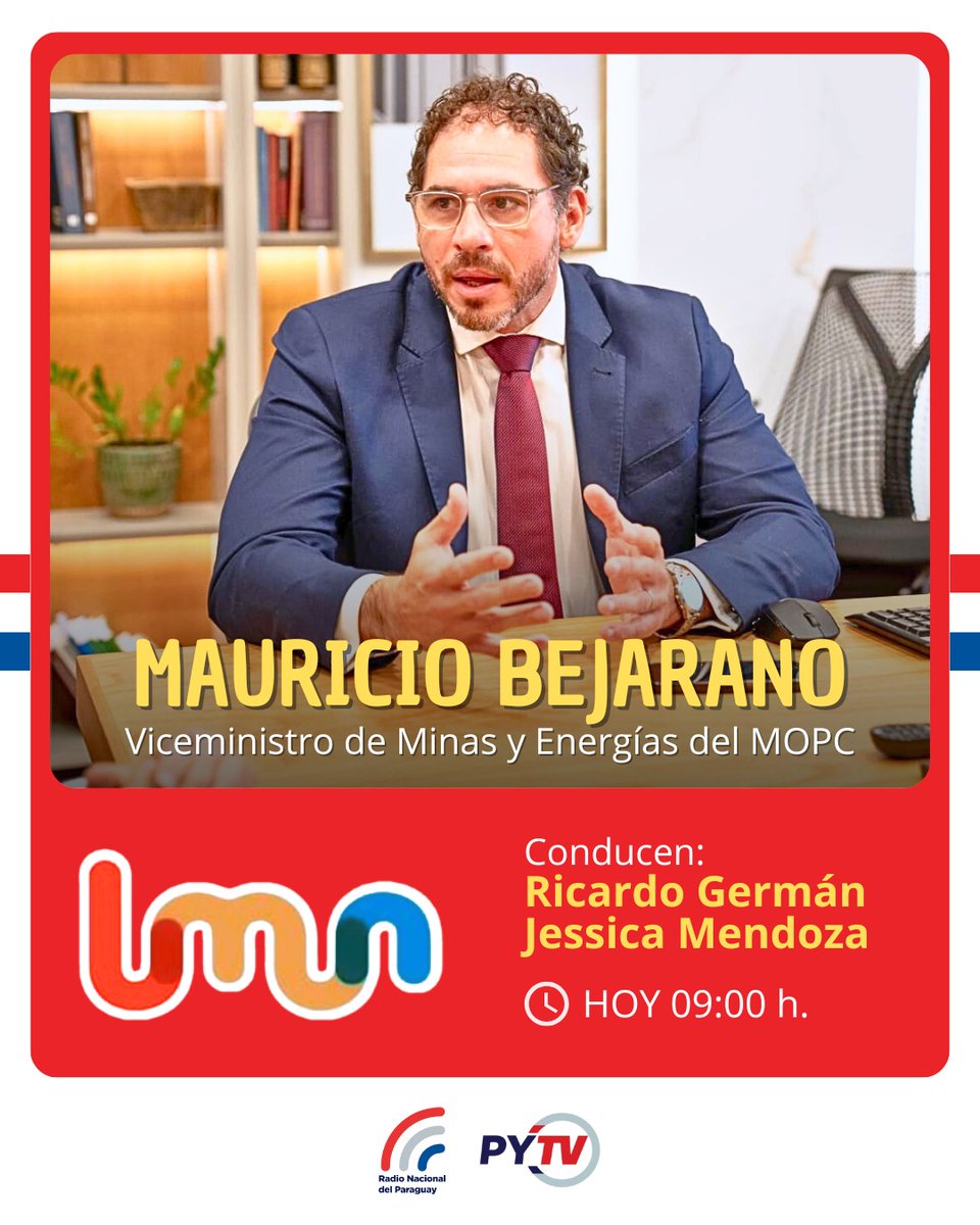 Hoy en #LaMañanaNacional con <a href="/RicardoGerman_/">Ricardo Germán</a> y <a href="/jessy_mendoza90/">Jessica Mendoza</a> nos visitará 🗣️<a href="/MauriBejarano/">Mauricio Bejarano</a> , viceministro de Minas y Energía del <a href="/mopcparaguay/">MOPC Paraguay</a> 

🔴En vivo por la #920AM
📻radionacional.gov.py