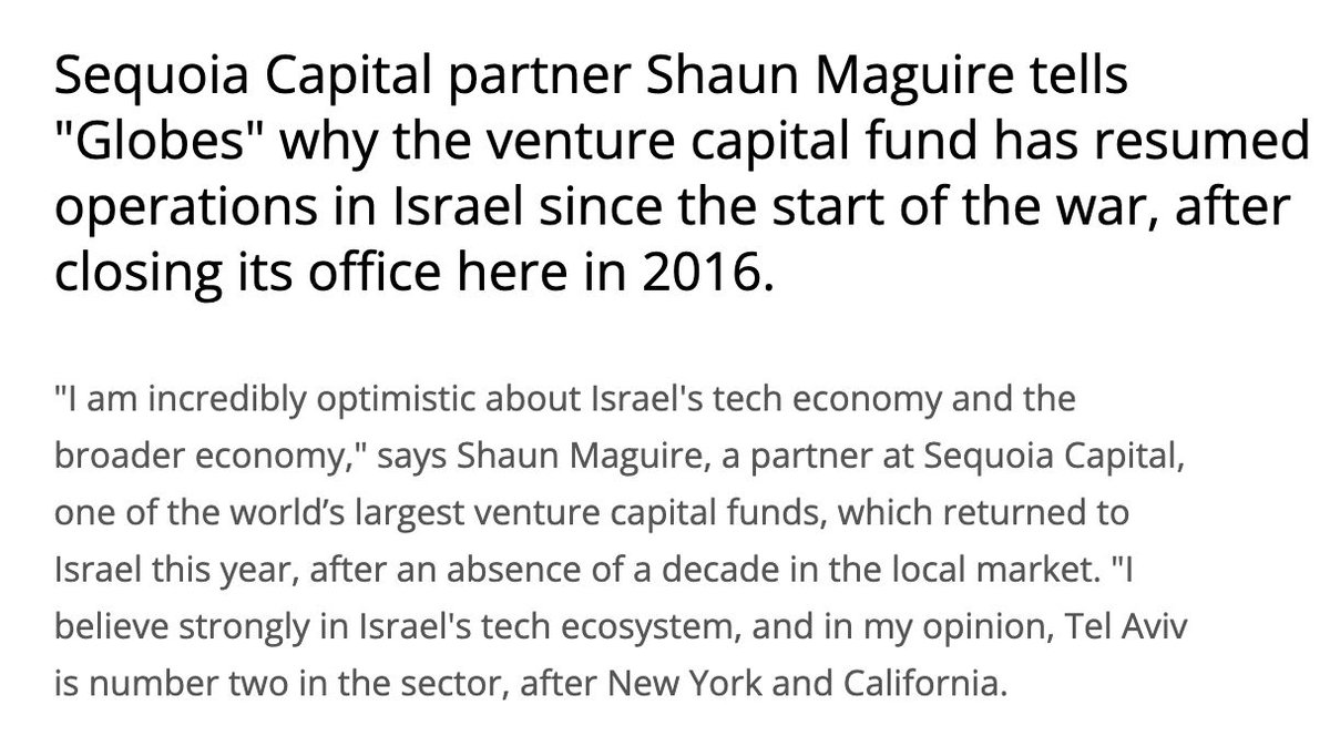 It turns out Sequoia had made no investments in Israel for about a decade, but started investing after Israel's genocide in Gaza started. They even opened an office there in 2024, and made numerous investments!

en.globes.co.il/en/article-seq…