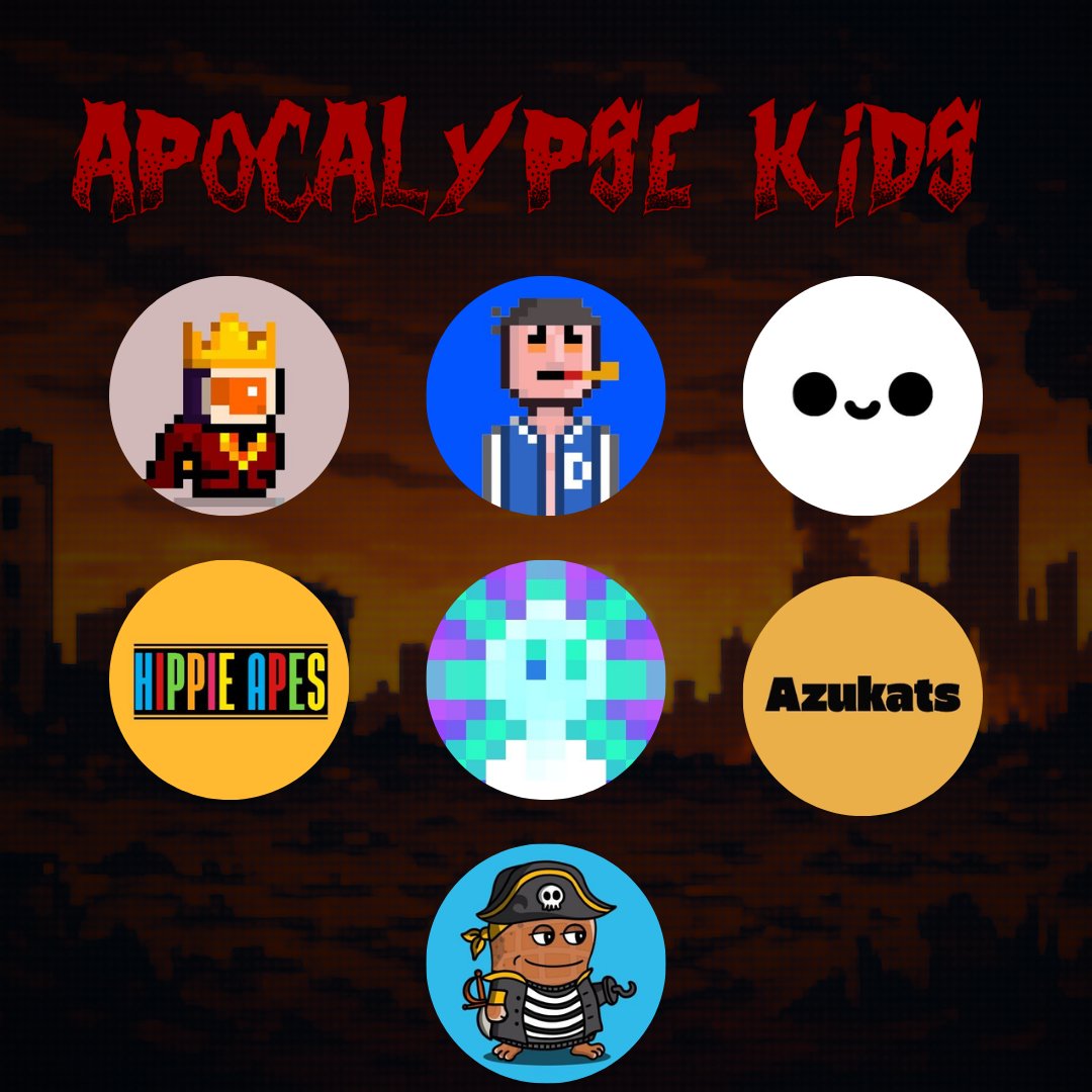 Apocalypse Kids (@apocalypse_kids) on Twitter photo Apocalypse Kids⚡
Collabs info☢️
All Communities are officially contacted and WL's for our mint.
<a href="/mechaminis_base/">Mechaminis</a> by <a href="/Mecha__Max/">Mecha Max</a> 
<a href="/BasedDeruggers/">Based deRuggers</a>  by <a href="/0xD38/">Studio 0xd38</a> 
<a href="/NoirtopiaNFT/">Noirtopia</a> by <a href="/robbieonchain/">Robbie</a> 
<a href="/hbba_onchain/">🙊Hippie APES🙊</a> 
<a href="/basedauras/">soul Auras (now minting)</a> 
<a href="/azukatsonbase/">Azukats</a> by <a href="/redrumgm/">Redrum.gm</a> 
<a href="/NutzBaseNFT/">NutzNFT</a> by <a href="/Merciless365/">Ming</a> Apocalypse Kids⚡
Collabs info☢️
All Communities are officially contacted and WL's for our mint.
<a href="/mechaminis_base/">Mechaminis</a> by <a href="/Mecha__Max/">Mecha Max</a> 
<a href="/BasedDeruggers/">Based deRuggers</a>  by <a href="/0xD38/">Studio 0xd38</a> 
<a href="/NoirtopiaNFT/">Noirtopia</a> by <a href="/robbieonchain/">Robbie</a> 
<a href="/hbba_onchain/">🙊Hippie APES🙊</a> 
<a href="/basedauras/">soul Auras (now minting)</a> 
<a href="/azukatsonbase/">Azukats</a> by <a href="/redrumgm/">Redrum.gm</a> 
<a href="/NutzBaseNFT/">NutzNFT</a> by <a href="/Merciless365/">Ming</a>