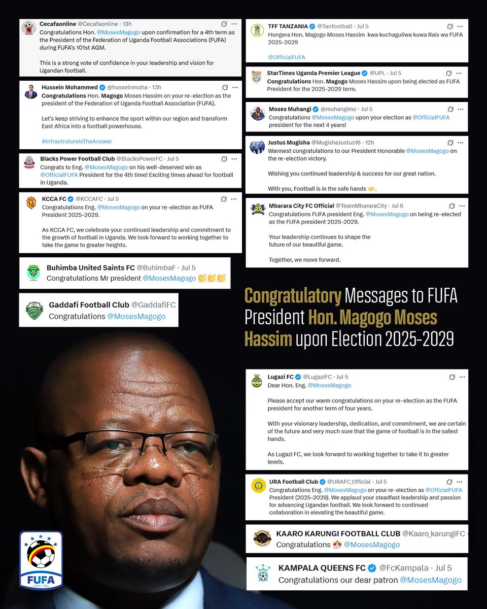 FUFA (@officialfufa) on Twitter photo Congratulatory messages to FUFA President Hon. Magogo Moses Hassim (<a href="/MosesMagogo/">Moses Hassim Magogo</a>) upon election 2025-2029 👏
#FUFAAGM101 | #FUFAAAGM2025 Congratulatory messages to FUFA President Hon. Magogo Moses Hassim (<a href="/MosesMagogo/">Moses Hassim Magogo</a>) upon election 2025-2029 👏
#FUFAAGM101 | #FUFAAAGM2025