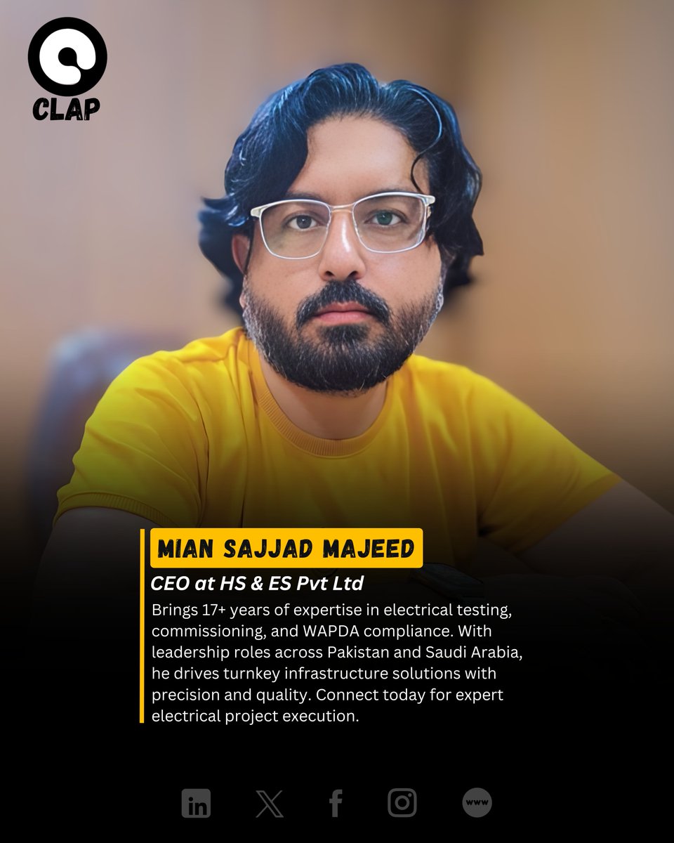 ClapPakistan's tweet image. Mian Sajjad Majeed leads HS &amp;amp; ES Pvt Ltd with 17 years of electrical engineering excellence across Pakistan and the Middle East.

#ElectricalExpert #ProjectExecution #ClapRecognize #ClapPakistan