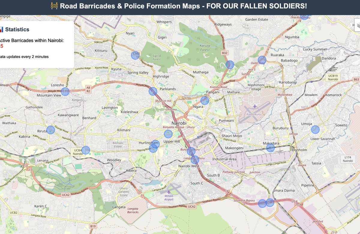 💡Very interesting - techie develops live app showing police roadblocks in Nairobi. Updates every two minutes. #SabaSaba2025 

nairobi-cbd-barricades.vercel.app