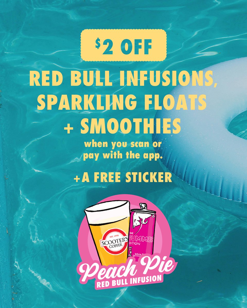 scooterscoffee's tweet image. Red Bull Infusions, Sparkling Floats, and Smoothies, oh my! 🫧☀️🩵
ALL DAY TODAY: Get $2 off all Red Bull Infusions (including blended!), Sparkling Floats, and Smoothies AND get a free sticker!*
*When you scan or pay with our app, 7.7.25 only. One sticker per customer, while…
