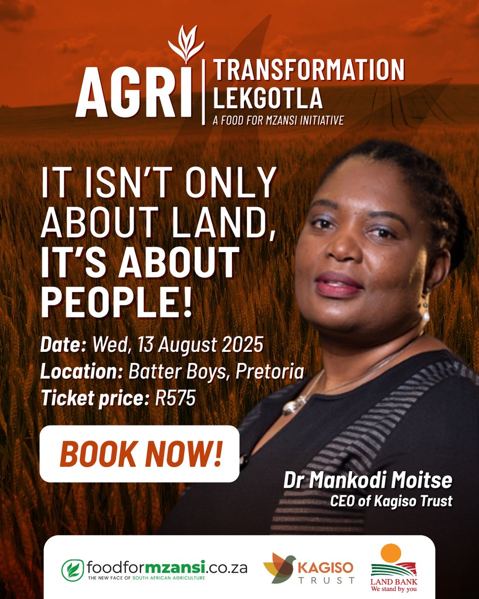 We’re thrilled to announce that Dr Mankodi Moitse, CEO of <a href="/kagisotrust/">Kagiso Trust</a> , will be speaking at the 2025 Agricultural Transformation Lekgotla.

📅 Wednesday, 13 August 2025
📍 Batter Boys, Pretoria
🕙 09:00 – 16:00
🎟️ Tickets on agritransformation.co.za

#AgriLekgotla #FoodForMzansi