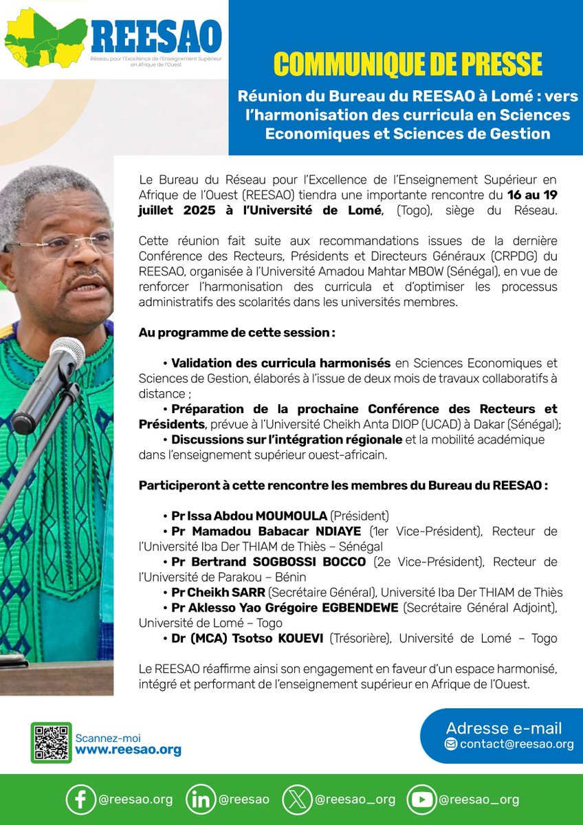 REESAO_org's tweet photo. #COMMUNIQUE_DE_PRESSE: Rencontre du Bureau du REESAO

🗓 16 au 19 juillet 2025
📍Université de Lomé, Togo
🎯 Valider les curricula harmonisés en Sciences Économiques et de Gestion et préparer la prochaine CRPDG.

🔗Consulter le communiqué: https://t.co/TdU4wFuOmE

#REESAO #EnSup https://t.co/aOeOVdX5LG