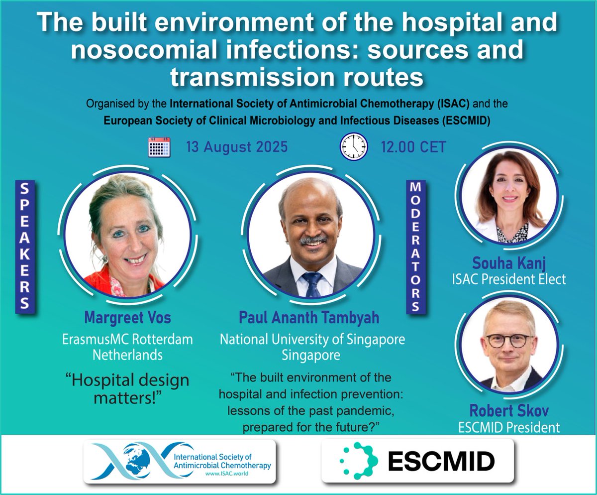 ISAC_world's tweet image. 📢ISAC / @ESCMID  webinar announcement

The Built Environment of the Hospital &amp;amp; #Nosocomial #Infections

📆13 August 2025 🕰 12.00 CET

Explore how hospital design directly impacts infection control in this insightful webinar featuring two leading experts.
tinyurl.com/3wzysnad