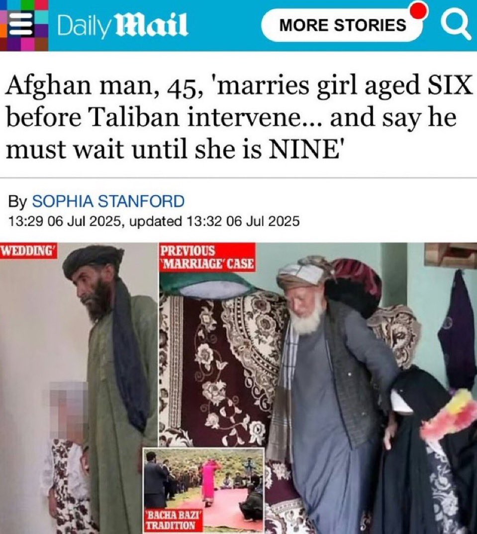 MAGA_K_'s tweet image. Shocking: 45-yr-old Afghan man 'marries' 6-yr-old girl, Taliban intervenes, says wait till she's 9. Only seen in Islam. 😡 #NoToIslam #ChildMarriage