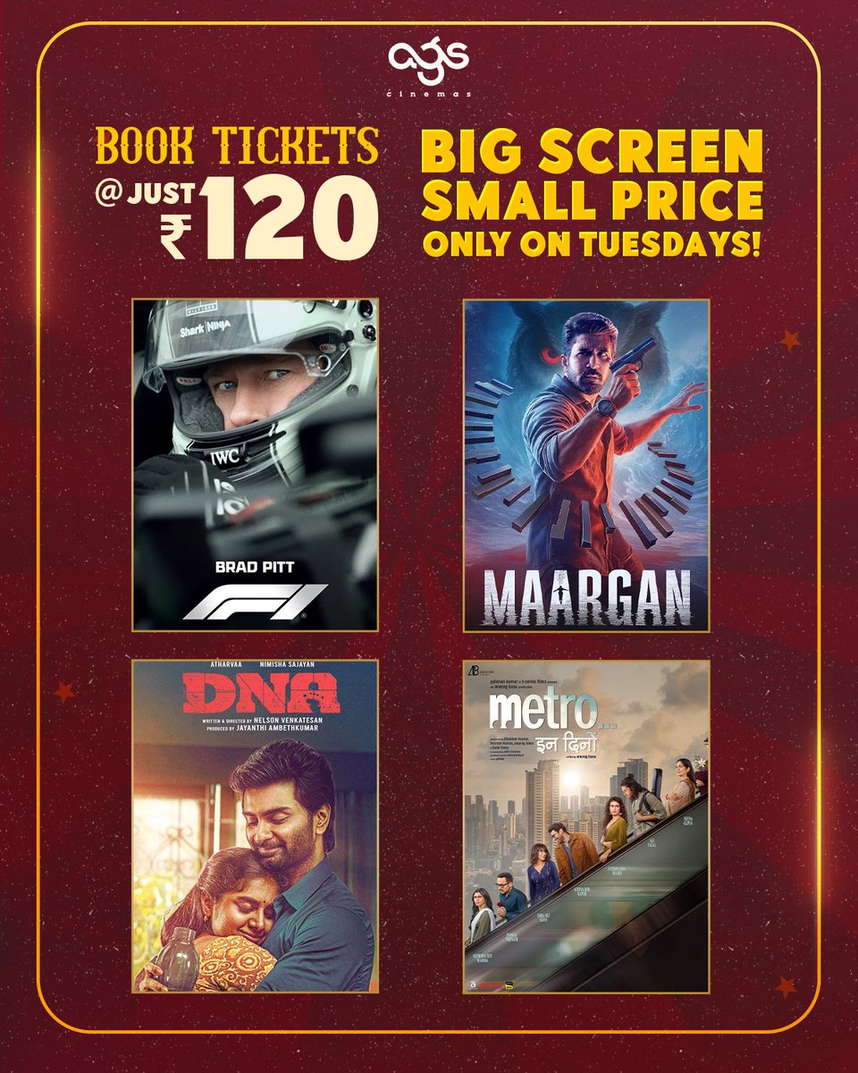 T-minus 1 day, Countdown to 120 movie madness ⏳🎬

Book your tickets now 🎟️ 

🔗linktr.ee/agscinemasbook…

#ParanthuPo #3BHK #JurassicWorldRebirth #PhoenixVeezhan #F1Movie #Maargan #DNA #MetroInDino #AGSCinemas #BookNow