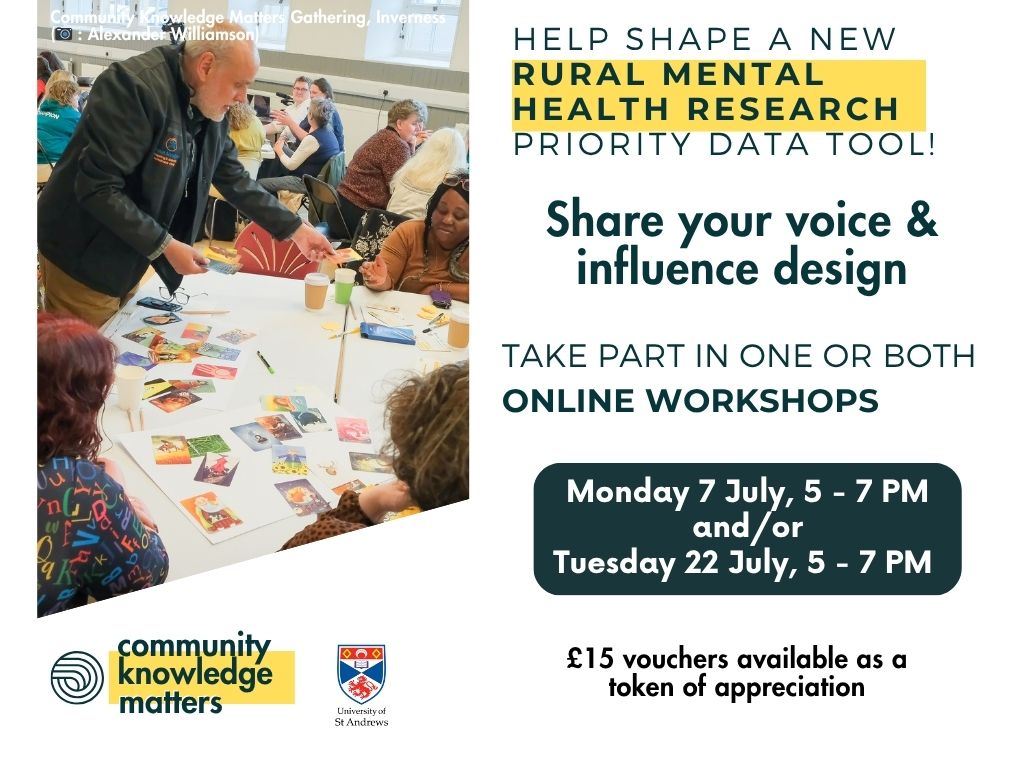 ScienceCeilidh's tweet image. 🚨It’s not too late to sign up for tonight’s online workshop! 🚨
Help co-design a rural mental health data tool built from the Co-Priority Survey, with @univofstandrews students.
🗓️ Mon 7 July, 5 to 7pm
communityknowledgematters.com/data-visualisa…
#RuralWellbeing