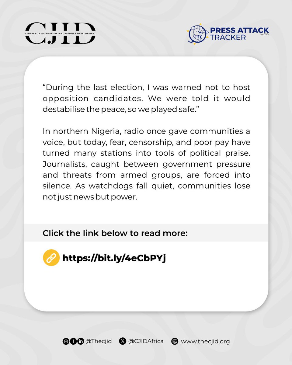 Centre for Journalism Innovation and Development (@cjidafrica) on Twitter photo In northern Nigeria, local media has shifted from being a civic watchdog to a voice of caution due to governmental and armed group pressures.
<a href="/A_Salkida/">Ahmad Salkida</a>’s report shows how increasing pressures are weakening local radio and its ability to inform, educate, and hold power to In northern Nigeria, local media has shifted from being a civic watchdog to a voice of caution due to governmental and armed group pressures.
<a href="/A_Salkida/">Ahmad Salkida</a>’s report shows how increasing pressures are weakening local radio and its ability to inform, educate, and hold power to
