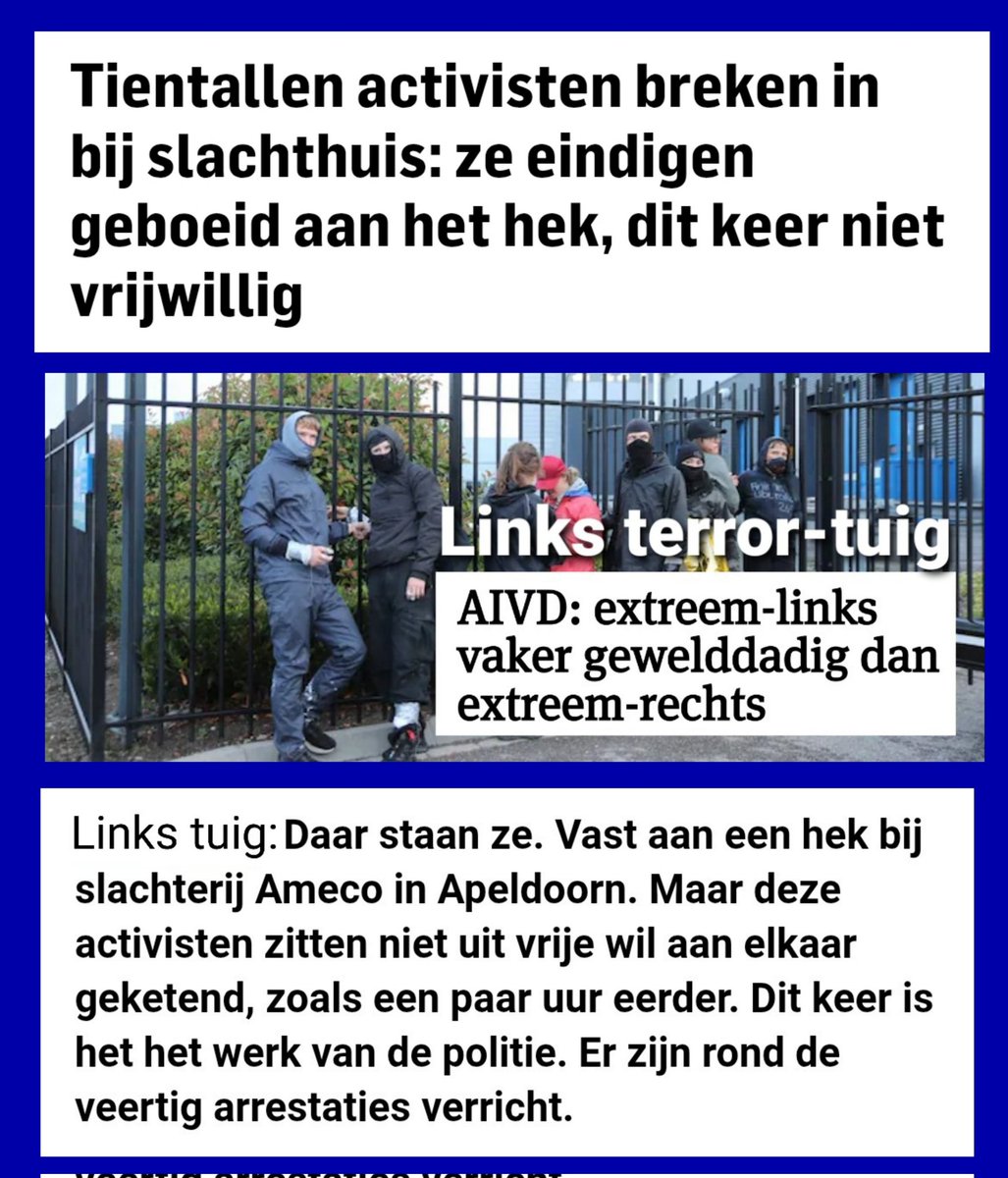 TonyHellings's tweet image. #Activisten, worden ze door de linkse media liefkozend genoemd, dit walgelijke rabiaat #überlinkse #terrortuig. Het zijn gewoon criminelen die vannacht een #inbraak pleegden bij de vleesverwerkende industrie te #Apeldoorn. De AIVD registreerde dit al eerder: Links is gewelddadig.