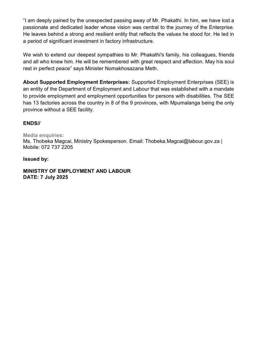 Department of Employment and Labour (@deptoflabour) on Twitter photo Employment and Labour Minister sends condolences on the passing of <a href="/SEE_SouthAfrica/">SEE South Africa</a> CEO, Mr Sibusiso Phakathi
labour.gov.za/employment-and…
#Yazini #ServicedeliveryZA #GovZAUpdates Employment and Labour Minister sends condolences on the passing of <a href="/SEE_SouthAfrica/">SEE South Africa</a> CEO, Mr Sibusiso Phakathi
labour.gov.za/employment-and…
#Yazini #ServicedeliveryZA #GovZAUpdates