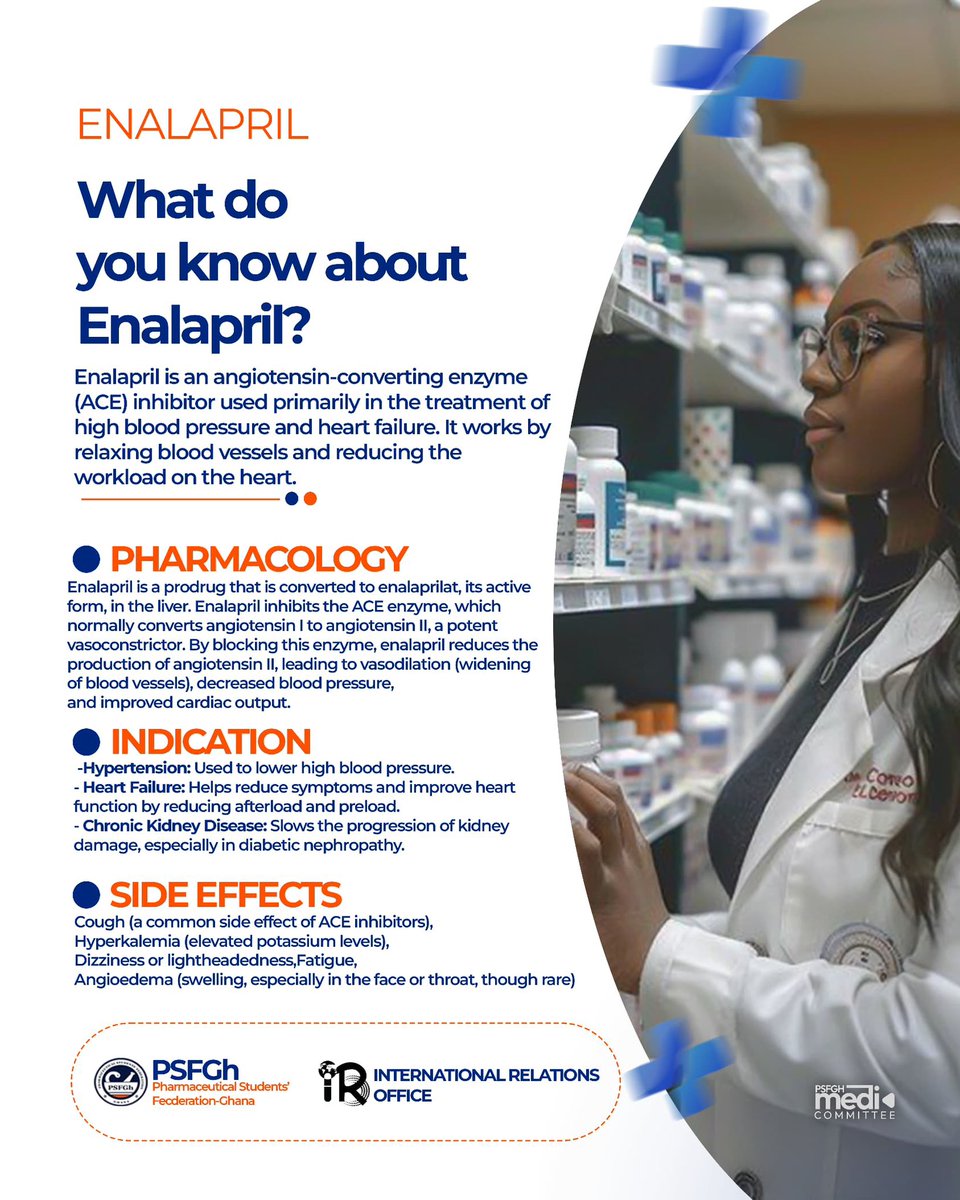 💊 Understanding Enalapril: This informative flyer breaks down the pharmacology, indications, and potential side effects of this important medication for high blood pressure and heart failure🫀.
Stay informed! 📚💡

©️International Relations Office 

POWERED BY PSFGh MEDIA