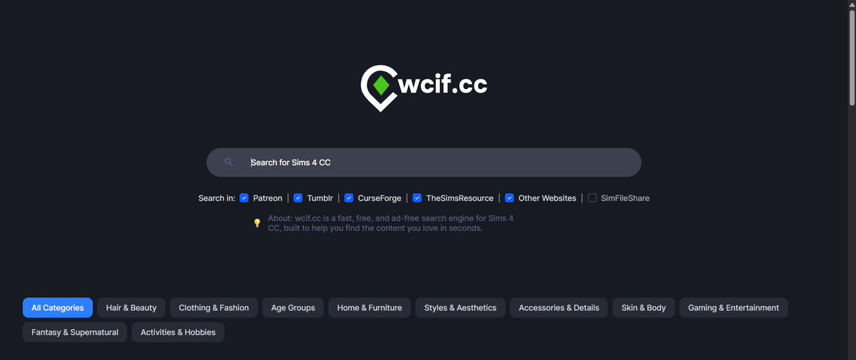 ⚠️⚠️
Our friend just launched an awesome new search engine called wcif.cc, made just for finding CCs for #TheSims4! 🎉 It's super fast, completely free, and has zero ads. He's really focused on making it perform beautifully so you can find what you need without