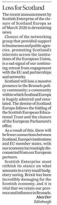 Cut in funding to <a href="/ScotlandEuropa/">Scotland Europa</a> by <a href="/scotent/">Scottish Enterprise</a> is deeply disappointing, further weakening links with the EU post-Brexit, especially following folding of Scottish European Educational Trust &amp; <a href="/Europarl_EN/">European Parliament</a>  office <a href="/euromovescot/">European Movement in Scotland</a> <a href="/EuropeFife/">Fife4Europe 🇪🇺 #FBPE #RejoinEU #FollowBackFriday</a> <a href="/Edinburgh4EU/">Edinburgh4Europe</a> <a href="/swScotland4Eur1/">@swScotland4Europe</a>