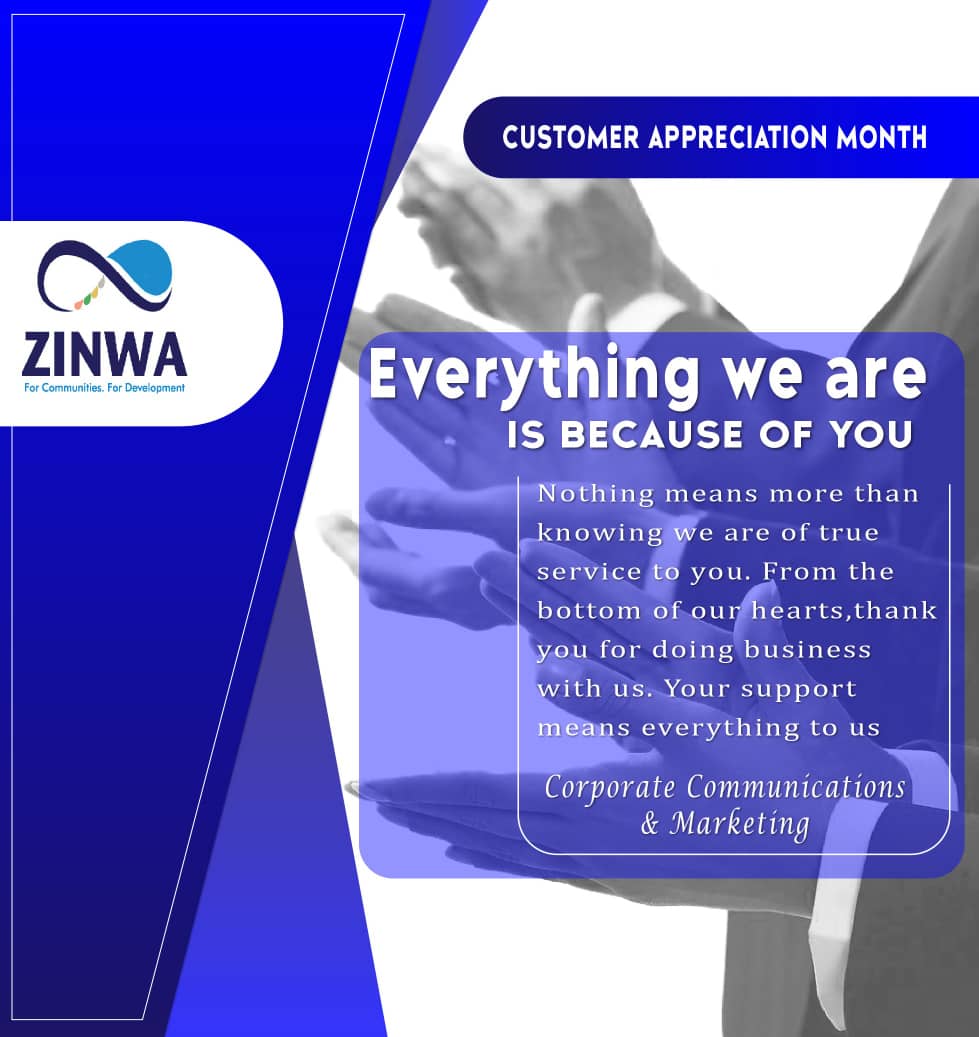 ZINWA (@zinwawater) on Twitter photo #ForCommunities
#ForDevelopment
#CustomerAppreciation
Nothing means more than knowing we are of true service to our customers. Your support means everything to us.
<a href="/MarjorieMu83949/">Marjorie Munyonga</a>
<a href="/MoLAFWRD_Zim/">MinofLands,Agric,Fisheries,Water&Rural Development</a>
<a href="/obertjiri/">Obert Jiri</a>
<a href="/NewZiana/">NewZiana News Agency</a>
<a href="/HeraldZimbabwe/">The Herald Zimbabwe</a>
<a href="/InfoMinZW/">Ministry of Information, Publicity & Broadcasting</a>
<a href="/DeptCommsZW/">Presidential Communications Zimbabwe πΏπΌ</a>
<a href="/TMaurikira/">Taurai Maurikira</a> #ForCommunities
#ForDevelopment
#CustomerAppreciation
Nothing means more than knowing we are of true service to our customers. Your support means everything to us.
<a href="/MarjorieMu83949/">Marjorie Munyonga</a>
<a href="/MoLAFWRD_Zim/">MinofLands,Agric,Fisheries,Water&Rural Development</a>
<a href="/obertjiri/">Obert Jiri</a>
<a href="/NewZiana/">NewZiana News Agency</a>
<a href="/HeraldZimbabwe/">The Herald Zimbabwe</a>
<a href="/InfoMinZW/">Ministry of Information, Publicity & Broadcasting</a>
<a href="/DeptCommsZW/">Presidential Communications Zimbabwe πΏπΌ</a>
<a href="/TMaurikira/">Taurai Maurikira</a>