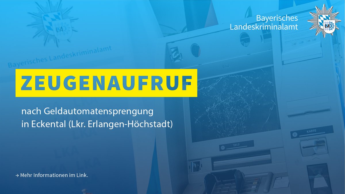 🚨 Heute Nacht gegen 02:40 Uhr wurde ein Geldautomat der Volks- und Raiffeisenbank in der Eisenstraße in #Eckental (<a href="/PolizeiMFR/">Polizei Mittelfranken</a>) mit Sprengstoff gesprengt. Die mind. zwei Tatverdächtigen flüchteten nach der Tat mit einem dunklen BMW.

🌐 Zeugenaufruf:
polizei.bayern.de/aktuelles/pres…