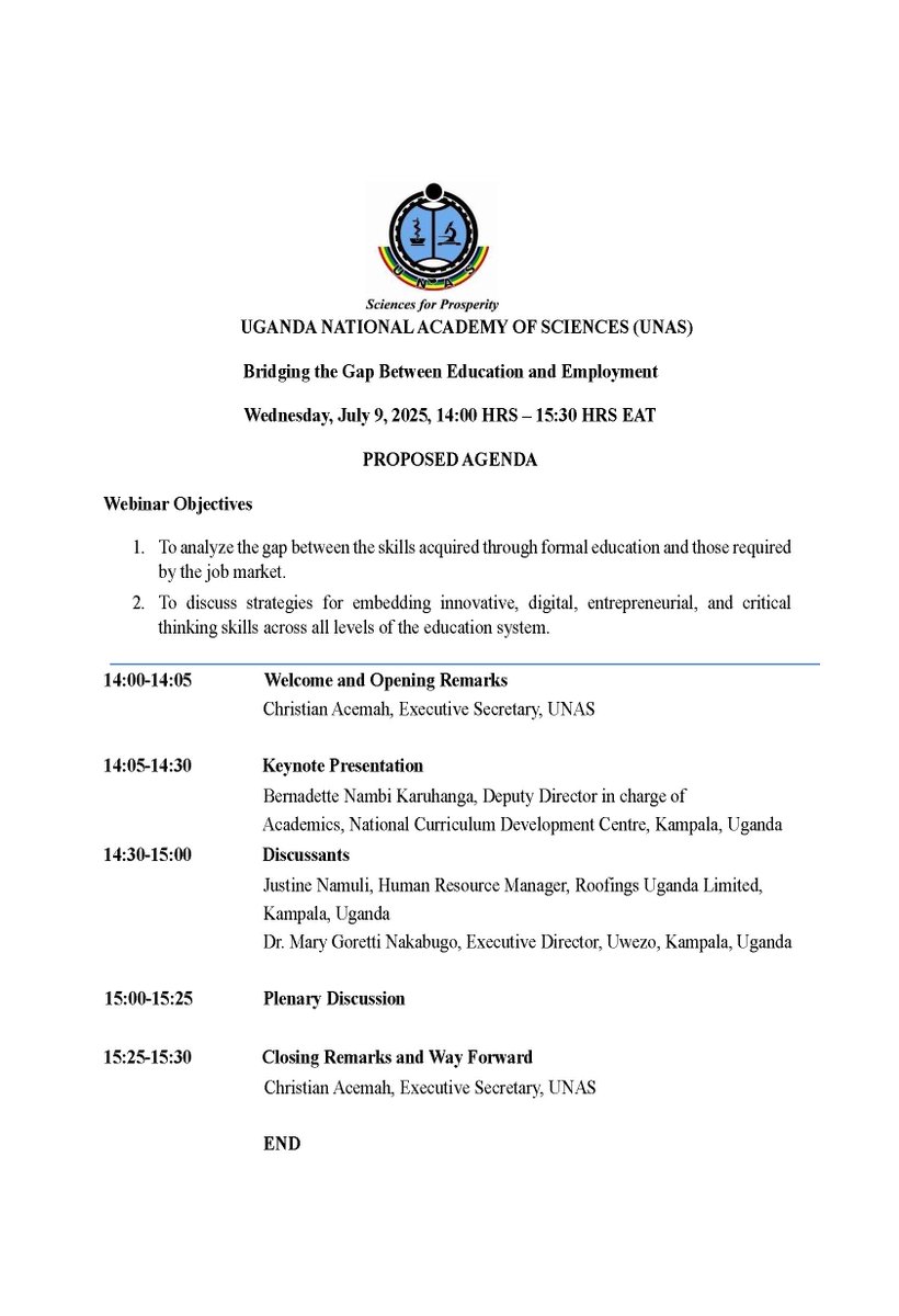 Uwezo Uganda (@uwezouganda) on Twitter photo <a href="/unasuganda/">Uganda National Academy of Sciences (UNAS)</a> invites you to a webinar on Bridging the Gap Between Education and Employment scheduled for Wednesday, July 9, 2025, from 14:00 HRS to 15:30 HRS EAT.
The webinar will provide a neutral platform for participants to facilitate dialogue and identify tangible solutions <a href="/unasuganda/">Uganda National Academy of Sciences (UNAS)</a> invites you to a webinar on Bridging the Gap Between Education and Employment scheduled for Wednesday, July 9, 2025, from 14:00 HRS to 15:30 HRS EAT.
The webinar will provide a neutral platform for participants to facilitate dialogue and identify tangible solutions