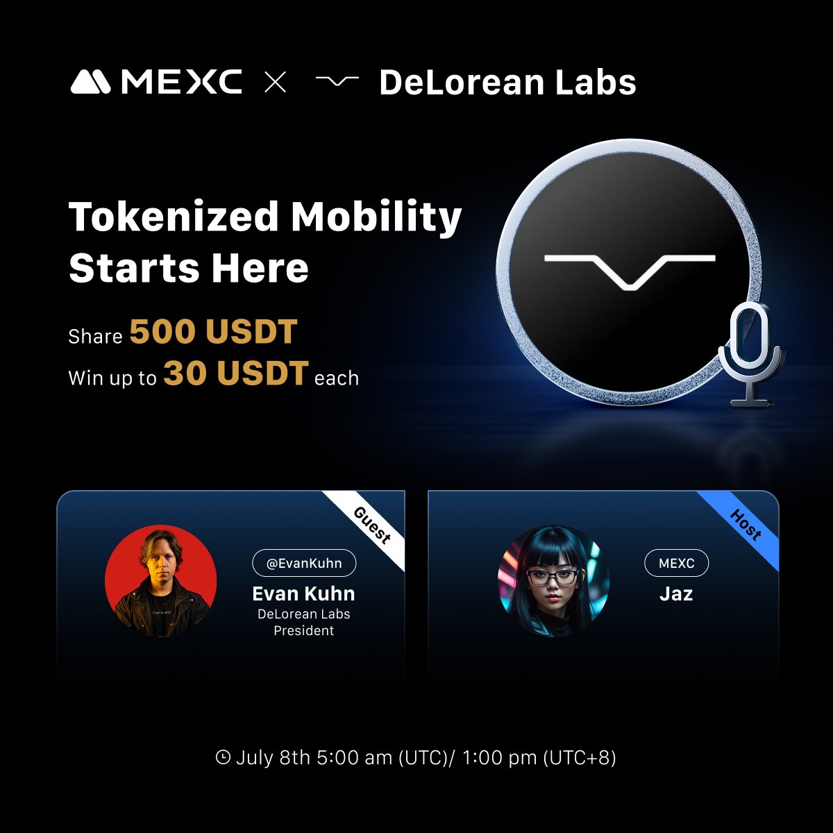 🎙️ MEXC X Space AMA 🎙️   
🔹Topic: MEXC x DeLorean Labs: Tokenized Mobility Starts Here 
🔹Guest: <a href="/EvanKuhn/">Evan Kuhn</a> from <a href="/DeLoreanlabs/">DeLorean Labs</a> 

🔔 Set a reminder now: x.com/i/spaces/1eaKb…   
🎁 Win up to 30 $USDT each: gleam.io/VPVz2/mexc-x-d…