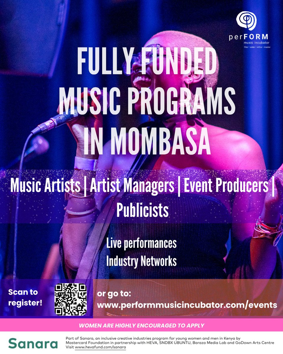 #Mombasa artists, producers, artist managers, publicists, and event producers —this is your chance.
Get training from industry experts, perform live, and produce live events.
Women in music, this is for you .
Apply now at the link below!
shorturl.at/m4s3S