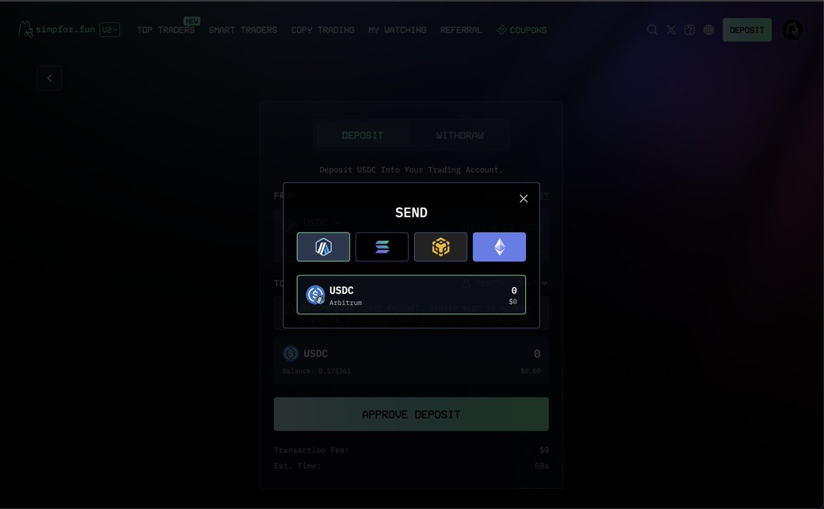 Rahul Kulkarni (🔴, 💊) (@0xrahulk) on Twitter photo Big update dropping for <a href="/simpfordotfun/">Simpfor.fun</a> this week!
Multi-Chain Deposits & Withdrawals:
- Deposit directly from Eth, BSC, Sol, and more.
- Withdraw to Arbitrum network
- No more complex bridging steps
- Start copy trading in seconds, not minutes
What This Means:
- Got USDC on Big update dropping for <a href="/simpfordotfun/">Simpfor.fun</a> this week!
Multi-Chain Deposits & Withdrawals:
- Deposit directly from Eth, BSC, Sol, and more.
- Withdraw to Arbitrum network
- No more complex bridging steps
- Start copy trading in seconds, not minutes
What This Means:
- Got USDC on