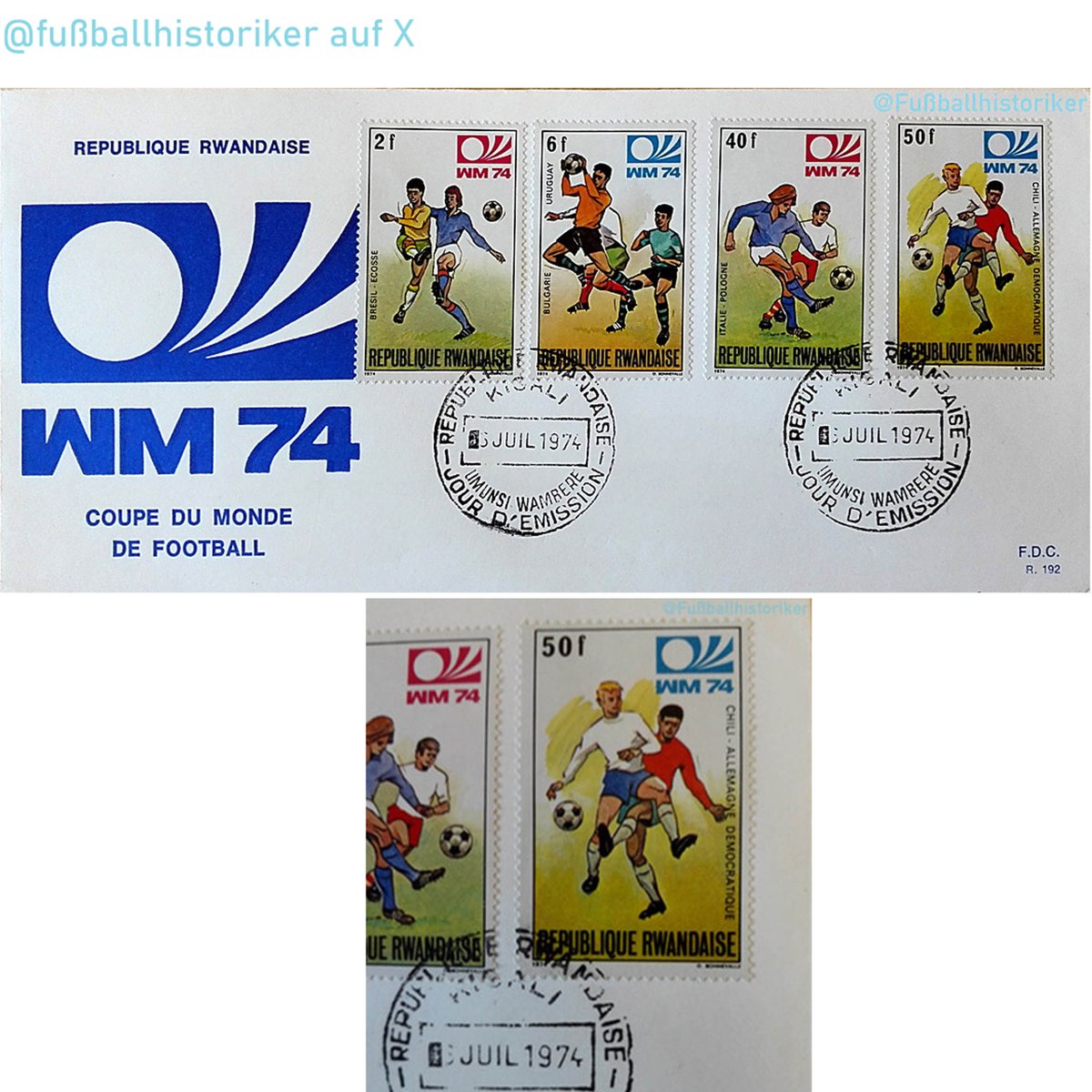 FussballDdr's tweet photo. 07.07.74: Die #GDR schafft es nach der WM auf eine Briefmarke – allerdings nicht in der DDR, sondern in Rwanda! Dort zeigt eine 50-Franc-Marke das Spiel gegen Chile – die höchste Wertstufe der Serie. #DDRFußballkalender #Briefmarke #WM74 https://t.co/mYMI8HioRT