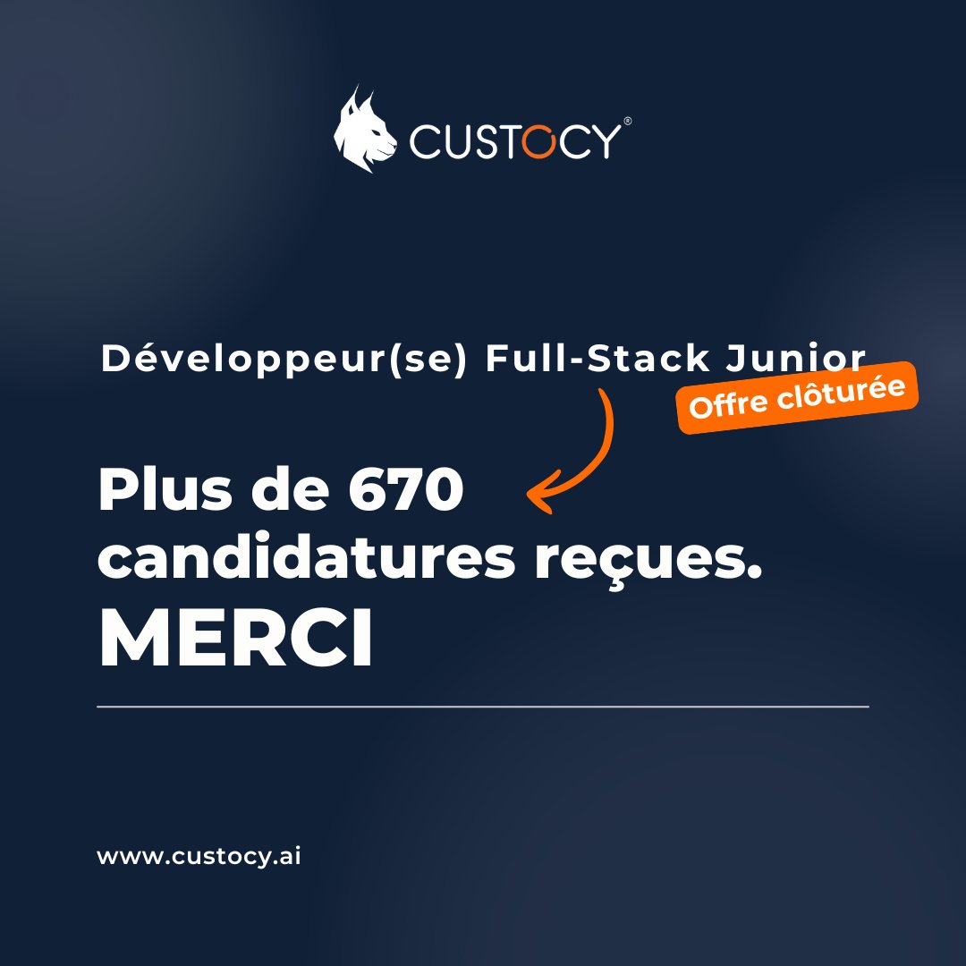 🚨Plus de 670 candidatures reçues pour notre poste de Dev. Full-Stack Junior chez @Custocy… Merci de votre intérêt🙏

L’offre est clôturée. Notre RH attaque le tri avec rigueur et caféine😄. 
Bonne chance à celles et ceux qui seront recontacté·e·s !💪

#Recrutement #Custocy #Dev