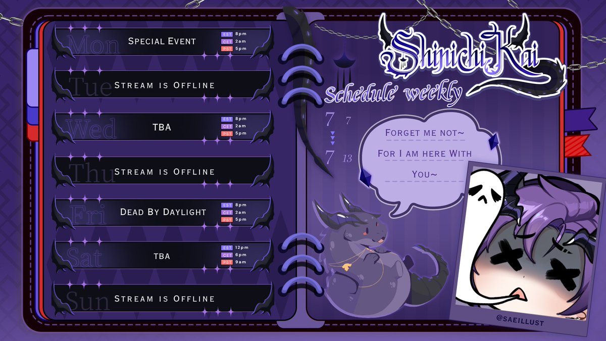 ShinichiKaiVT's tweet image. Here is this weeks schedule~

Monday will be a special event aka a maid dress Stream with @ShySkyPanda ~ Thank you again everyone for helping reach the charity goals we had for the American Parkinson Disease Foundation 💜💜💜

Monday~ Immersion break warning!!!