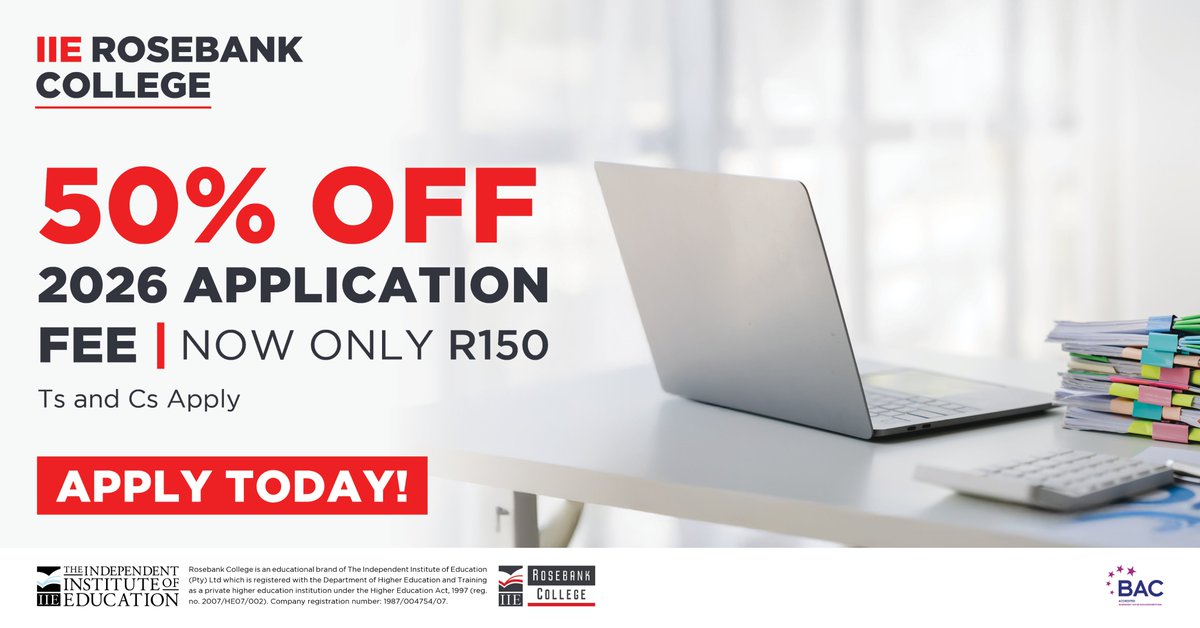 50% OFF On Your Application Fee | Apply for 2026 now and save 50% on your application fee. Seize the opportunity and apply now by following this link bit.ly/3NaS9h1.

#IIERosebankCollege #2026Registrations #SecondSemester #CareerReady #RegisterNow