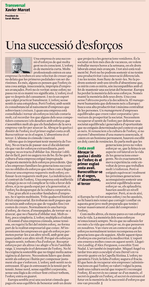Liderar una escola també és sostenir una successió d’esforços sovint invisibles. Sense aquest compromís, no hi ha alumnat que aprengui, projecte educatiu que perduri ni comunitat que creixi.

Et recomano aquest article del
<a href="/XavierMarcet/">Xavier Marcet</a> 

#Educació #LideratgeEducatiu #Esforç