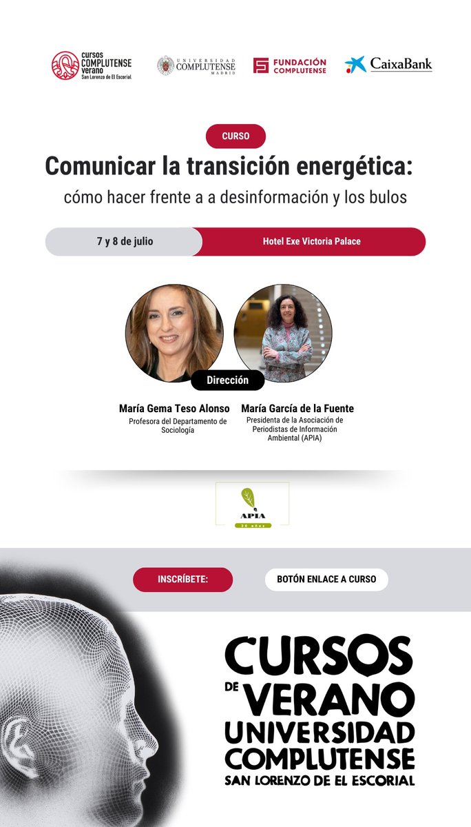 APIA (@apia_es) on Twitter photo Es hoy‼️
cursosdeverano.ucm.es/programacion/c…
<a href="/elmanyana/">Eloy Sanz</a> <a href="/GemmaTeso/">Gemma Teso Alonso</a> <a href="/Rub_dc/">Rubén del Campo</a> <a href="/AEMET_Esp/">AEMET</a> <a href="/mariagfuente/">María García Fuente</a> <a href="/PedroFresco/">Pedro Fresco</a> <a href="/Arturolarena/">Arturo Larena Larena</a> <a href="/ecogallego/">Jose Luis Gallego</a> <a href="/suterlan/">Sandra Sutherland</a> <a href="/fundacionucm/">Fundación Complutense</a> <a href="/UCMccinf/">Facultad Ciencias Información</a> <a href="/maldita/">Maldita.es</a> Es hoy‼️
cursosdeverano.ucm.es/programacion/c…
<a href="/elmanyana/">Eloy Sanz</a> <a href="/GemmaTeso/">Gemma Teso Alonso</a> <a href="/Rub_dc/">Rubén del Campo</a> <a href="/AEMET_Esp/">AEMET</a> <a href="/mariagfuente/">María García Fuente</a> <a href="/PedroFresco/">Pedro Fresco</a> <a href="/Arturolarena/">Arturo Larena Larena</a> <a href="/ecogallego/">Jose Luis Gallego</a> <a href="/suterlan/">Sandra Sutherland</a> <a href="/fundacionucm/">Fundación Complutense</a> <a href="/UCMccinf/">Facultad Ciencias Información</a> <a href="/maldita/">Maldita.es</a>