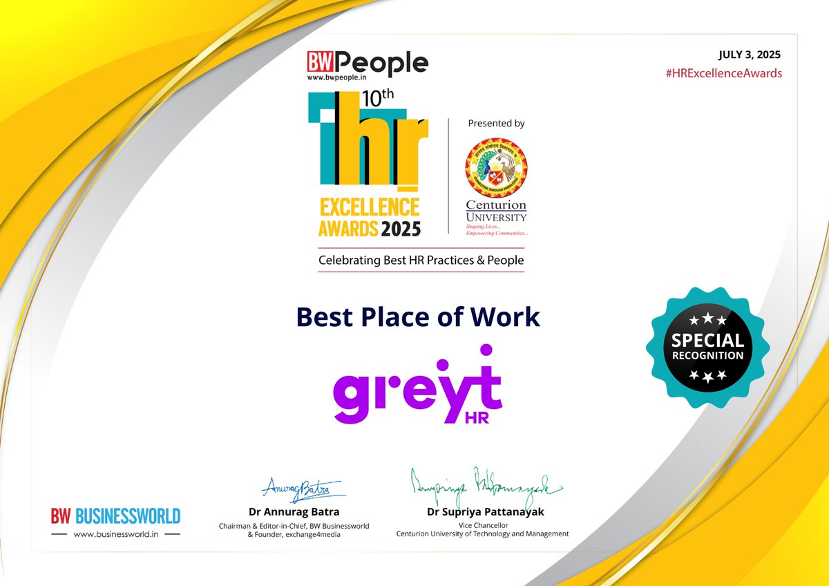 greythr2's tweet image. We’re honoured to share that #greytHR has received Special Recognition at the 10th Edition of the BW People #HRExcellenceAwards 2025, presented by Centurion University! 🏆 

#greytHR #HRExcellence #BestPlaceToWork #WorkplaceCulture #PeopleFirst #HRExcellenceAwards