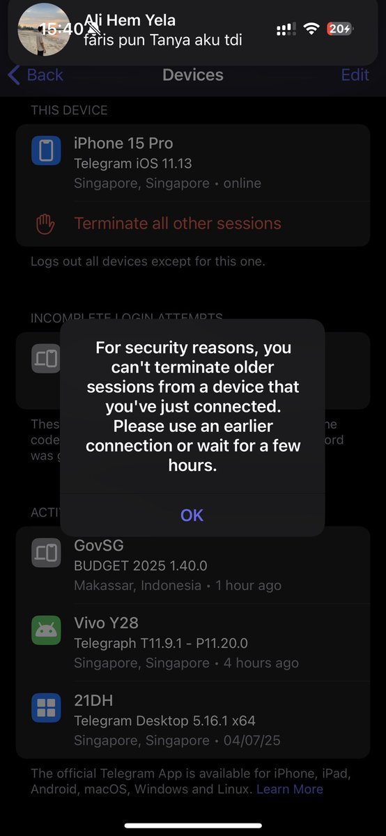 Hxreefen's tweet photo. @smstelegram a hacker hacked my telegram account and locked me out of my account. I have no access to it now. I tried to login now and it says too many attempts. Previously I tried to remove device but was unable to. Please help. https://t.co/NZR0Nk5pif