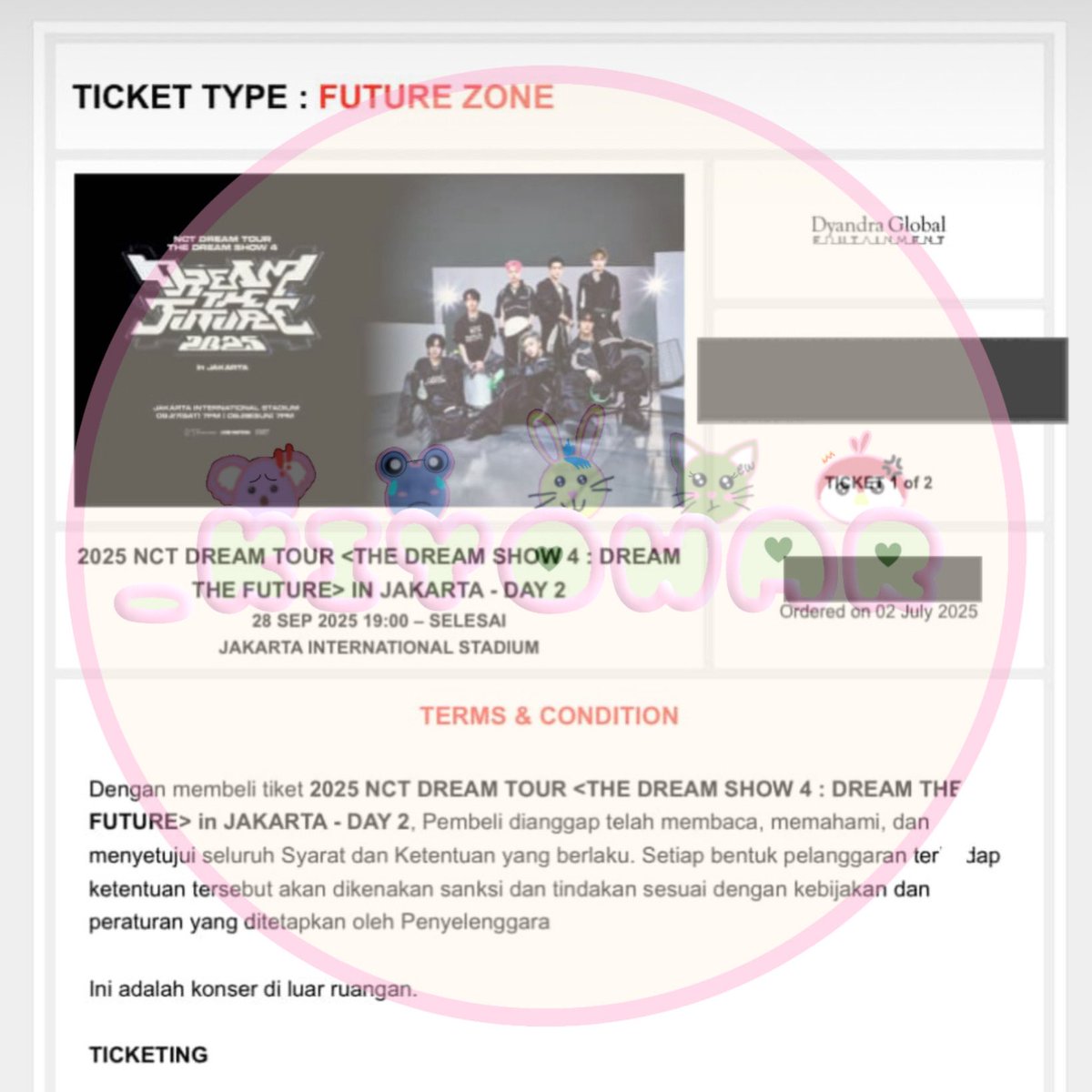 _kiyowar's tweet photo. 2025 NCT DREAM TOUR THE DREAM SHOW 4 - Jakarta
(WEVERSE MEMBERSHIP PRESALE)
🗓️ 28 September 2025 (Day 2)
🎟️ 4 tickets future zone
📍JIS

#testimoni_kiyowar https://t.co/8LZAdkAjr9