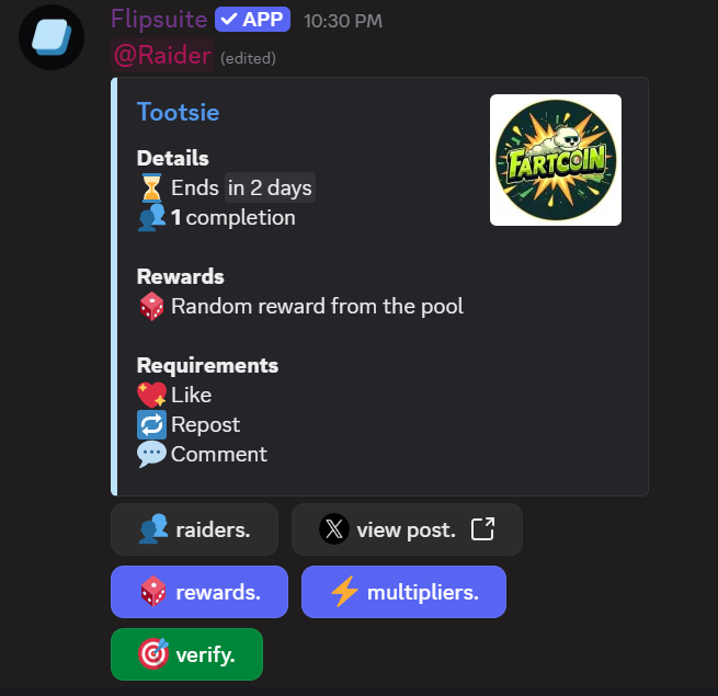 🎮 GM #CroFam 

The <a href="/flipsuitexyz/">Flipsuite</a>  raiding module is LIVE in our Discord! 🚀 

Earn $MOON &amp; $CRY, battle in Toots &amp; Ladders to win $PFFT 🎲 

Also Battleground is live with epic rewards!❤️

👉 discord.gg/m3Jq7ygP

Join Sir Tootsalot &amp; Tootsie
We just getting started!

 #DeFi