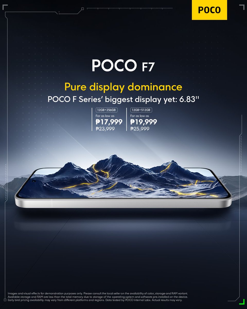 POCOPilipinas's tweet image. Built to dominate. 💪📱 Say hello to the POCO F Series’ biggest display yet — a massive 6.83” screen built for bold moves, big moments, and maximum impact. Price starts at just ₱17,999 until July 7! 

 🛒 Check out here: bit.ly/POCOF75GShopee… 

#POCOF7 #SuperSpeedUnleashed