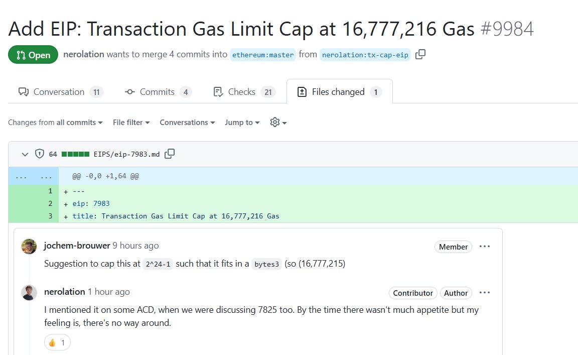 CryptoPotato Official (@crypto_potato) on Twitter photo 💥 ICYMI: <a href="/VitalikButerin/">vitalik.eth</a> & Toni Wahrstätter propose EIP-7983: a 16.77M gas cap per transaction on #Ethereum to reduce DoS attack risk and improve network stability.
Currently, no per-tx gas limit exists. The cap would reject overly complex txs, aiding predictability. 💥 ICYMI: <a href="/VitalikButerin/">vitalik.eth</a> & Toni Wahrstätter propose EIP-7983: a 16.77M gas cap per transaction on #Ethereum to reduce DoS attack risk and improve network stability.
Currently, no per-tx gas limit exists. The cap would reject overly complex txs, aiding predictability.